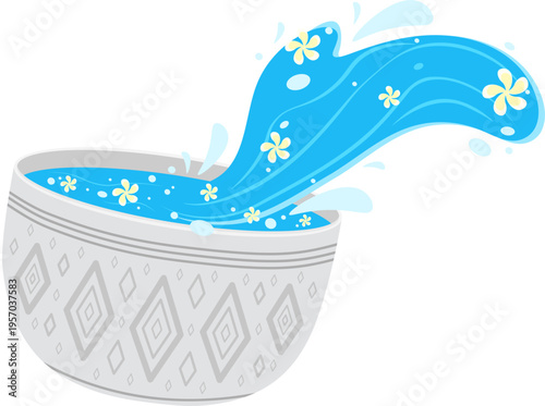 Traditional Thai Bowl Pouring Water with Flowers, Songkran Festival Celebration Concept