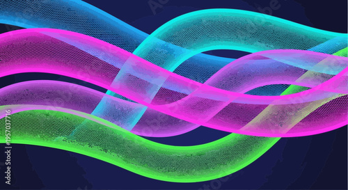Abstract Digital Waves with Intertwined Neon Mesh Ribbons