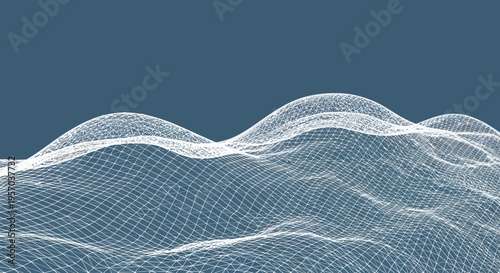 Abstract Digital Wireframe Landscape with Flowing Mesh Waves