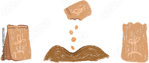 Hand drawn crayon illustrations of seed packets, planting seeds into soil, and fertilizer bags. Concept of starting garden, agricultural preparation, and farming