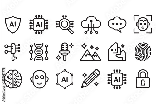 AI Security And Data Protection Icons For Digital Systems And Software