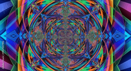 Abstract Kaleidoscope Fractal Pattern with Vibrant Neon Geometric Symmetry