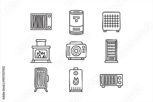 Heating Appliances Outline Icon Set With Radiator Heater And Fireplace