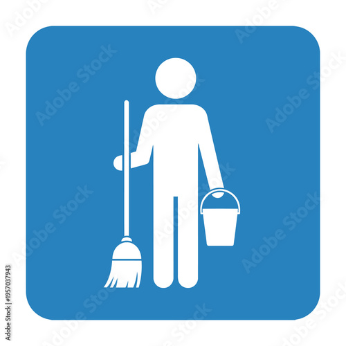 Cleaning service sign with person holding broom and bucket on blue background