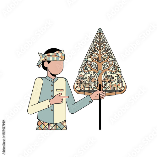 Indonesian Wayang Kulit Puppet Master Demonstrating Traditional Shadow Play Art