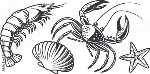 A detailed monochrome illustration featuring various marine creatures. The composition includes a shrimp in the upper left, angled toward the left, alongside a smaller shrimp in the middle, and a crab