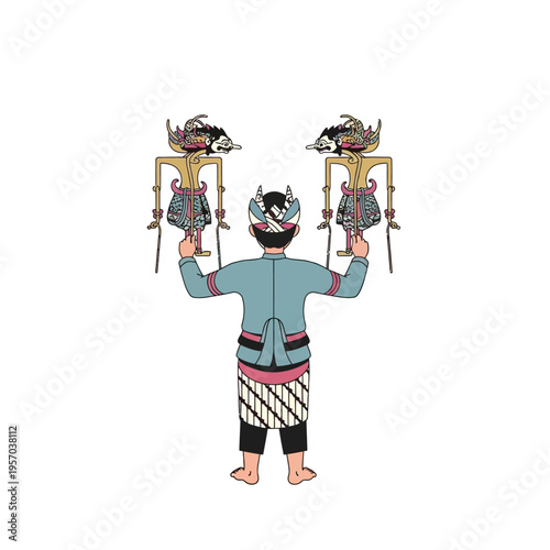 Indonesian Wayang Puppet Master Holding Two Traditional Puppets