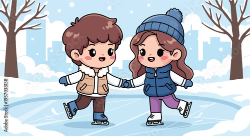 Cartoon illustration of a boy and girl ice skating together on an outdoor rink in a snowy urban setting with bare trees and a city skyline in the background.