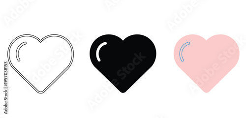 Set of three heart icons, including outline, solid black, and pink filled versions, representing love, romance, and social media likes