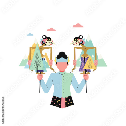 Indonesian Wayang Puppets Performed by a Dalang with Mountains Background