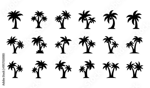 Black coconut tree icon set with tropical palm silhouettes for nature and healthy lifestyle design
