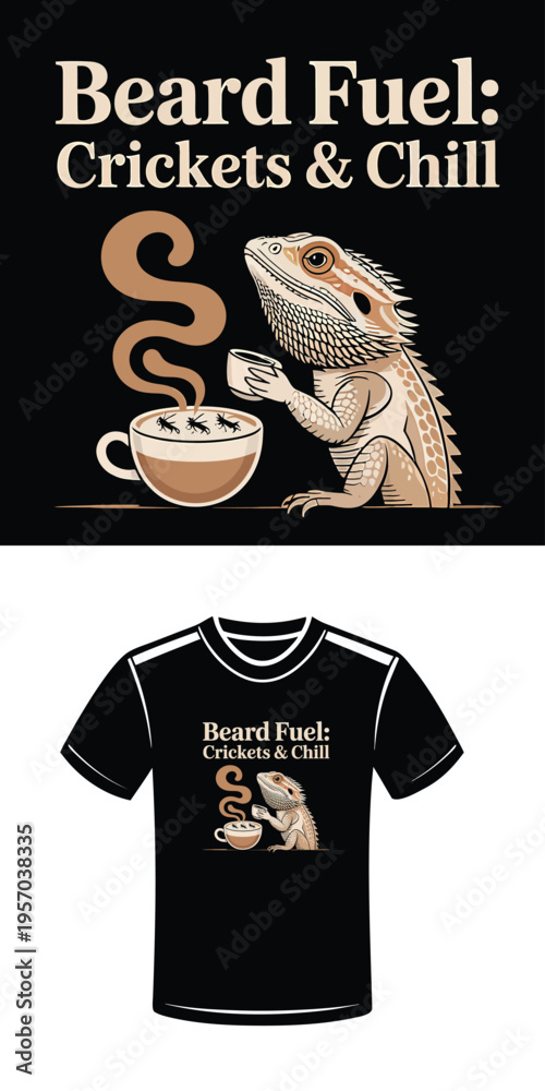 Fototapeta premium Bearded dragon drinking coffee with crickets in the cup text Beard Fuel reptile lizard