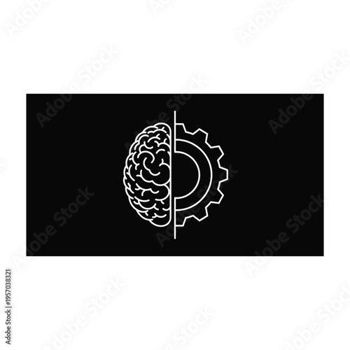 Brain and cogwheel symbolizing innovation and mechanical intelligence in simple line art on black background