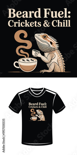 Bearded dragon drinking coffee with crickets in the cup text Beard Fuel reptile lizard