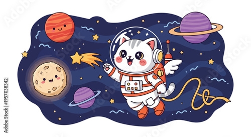 Cartoon cat in a space suit floating in a colorful galaxy with planets and stars.