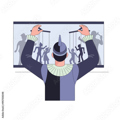 Puppeteer controlling shadow figures on a stage, symbolizing control and performance.