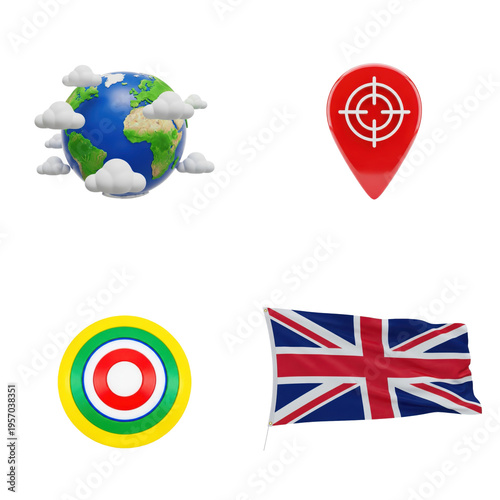 Set of four global and location icons including world globe, red location pin, Olympic rings, and UK flag isolated on transparent background