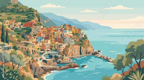 A picturesque vector illustration depicts a colorful Italian coastal village with houses built on a steep cliff overlooking a serene turquoise sea and a small harbor with boats.