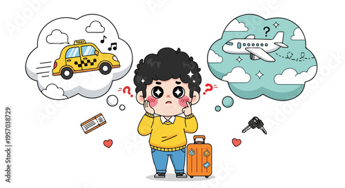 Cartoon illustration of a confused traveler with a suitcase and thought bubbles of a taxi and airplane on a white background with a mix of worried and romantic icons.