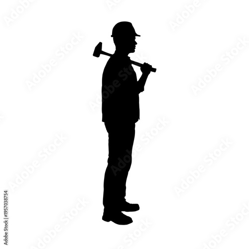 Worker silhouette wearing hard hat and carrying hammer, construction - vectror illustration