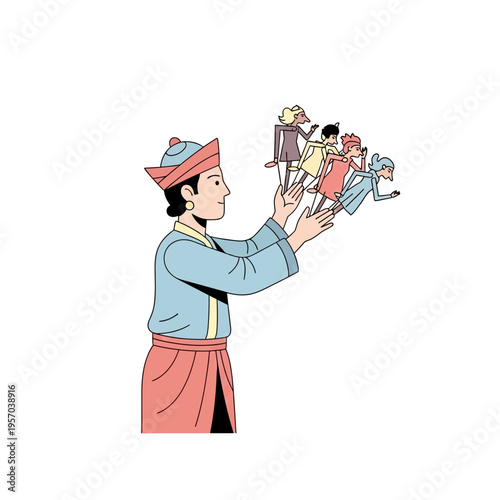 Traditional Puppeteer in Costume Manipulating Marionettes