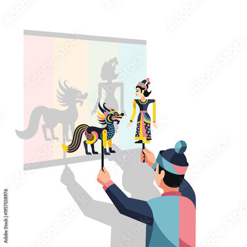 Traditional Shadow Puppetry Performance with Dragon and Human Figures