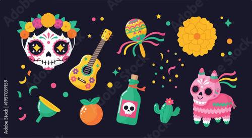 Colorful flat lay of Day of the Dead themed items including skulls, guitar, cactus, and festive decorations on a dark background with vibrant confetti.