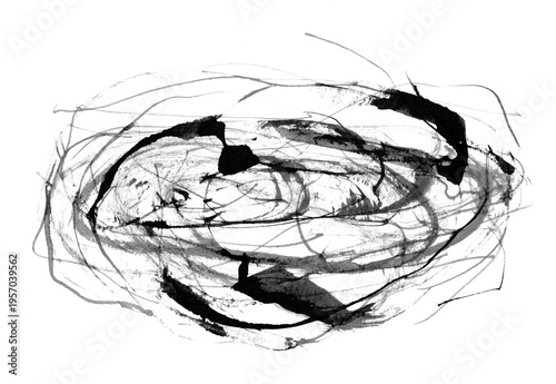 Tableau sur toile Monochrome sumi ink drawing of an oval swirl in Japanese style with tangled line