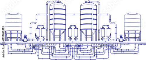 Water Supply Station Infrastructure, Line Art Vector Illustration