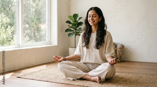 Young Indian Woman Meditating in Beige Linen Outfit Seated Mudra Pose Calm Wellness Lifestyle Soft Natural Light Minimalist Room Mindfulness