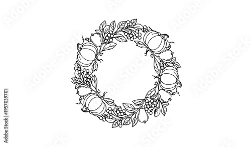 Autumn harvest wreath line art vector with pumpkin pear leaves and berries elegant botanical circle design