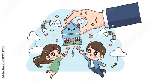 Cartoon illustration of a hand holding a house with a young couple jumping towards it surrounded by hearts and clouds in a whimsical scene.