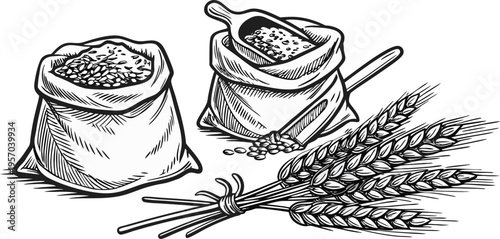 A detailed, black and white illustration of various agricultural elements is presented against a transparent background. Several sacks filled with grains are shown, one open and spilling its contents,