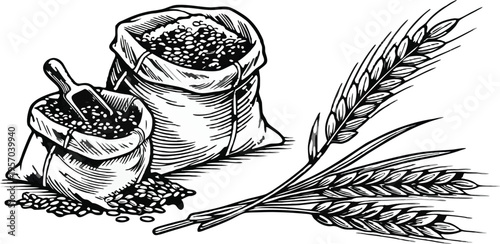 A detailed, black and white illustration of various agricultural elements is presented against a transparent background. Several sacks filled with grains are shown, one open and spilling its contents,