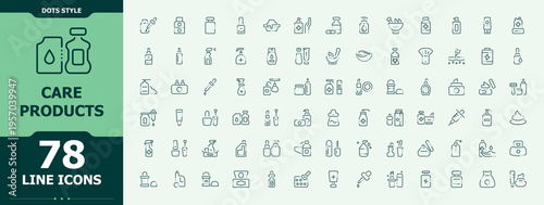 Care Products related icon set. Cosmetic vector line icon set. Contain linear sign product, skin products, moist, sun protection, beauty, care, cosmetic. Editable stroke collections.