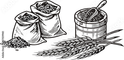 A detailed, black and white illustration of various agricultural elements is presented against a transparent background. Several sacks filled with grains are shown, one open and spilling its contents,