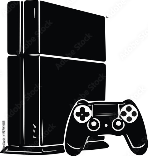 Black and White PlayStation Console with Controller Gaming PS Vector Illustration Clip Art Icon Retro