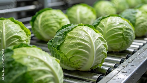 Fresh green cabbages on conveyor belt