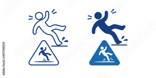 A warning sign illustration of a person slipping and falling on a caution triangle.