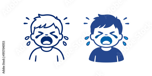 Two cartoon boys crying and sweating from heat stress or frustration on a white background