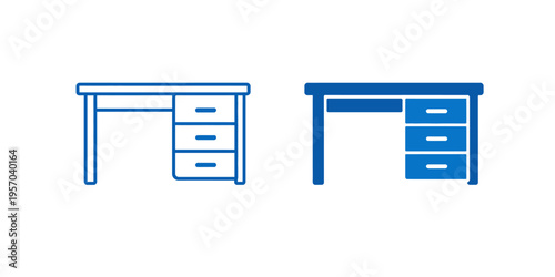 Two blue desk icons with drawers on a white background for office or workspace design