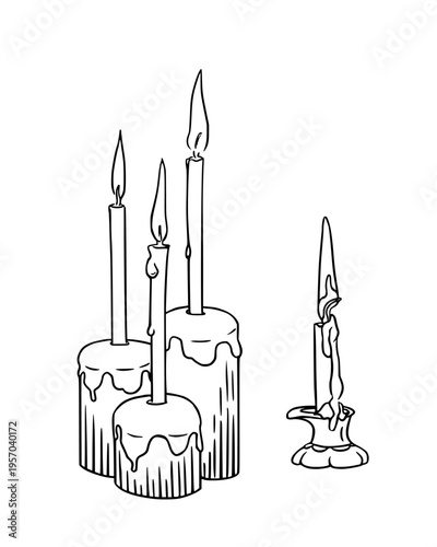 Candle holders with burning candles. Vector sketchy illustration for Easter