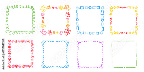 Hand drawn square frames collection. Colorful borders with doodle scribbles. Funny crayon frame vector set