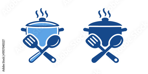 A graphic illustration of two blue cooking pots with utensils on a white background