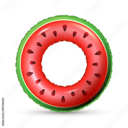 Cute swim ring icon isolated on white background. Rubber pool toy. Realistic inflatable tube watermelon color