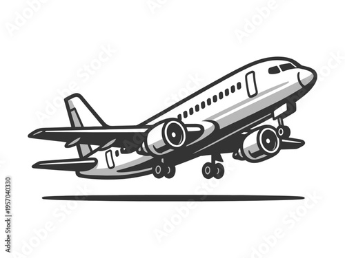 commercial passenger airplane taking off among clouds, symbolizing travel, aviation and global transportation sketch engraving generative ai vector illustration. Scratch board. Black and white image.
