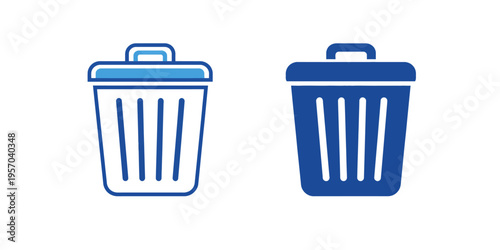 Two blue trash cans with lids on a white background for recycling and waste management