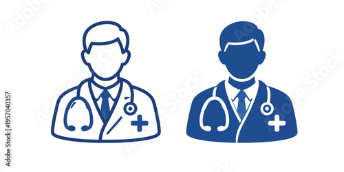 Two blue medical icons of doctors with stethoscopes on white background