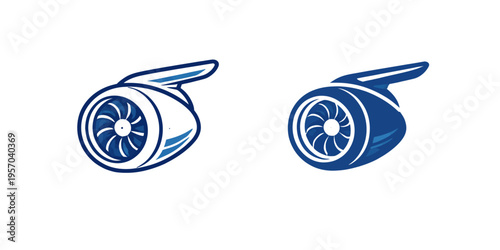 A blue and white illustration of two jet engines on a plain background