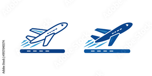 Two airplanes taking off from a runway in a simple graphic illustration